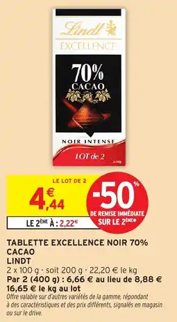 Intermarché Hyper Tablette excellence noir 70% cacao lindt offre
