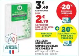 Super U Feuilles simples ou copies doubles perforées u offre