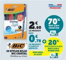 Super U 20 stylos bille bic cristal offre