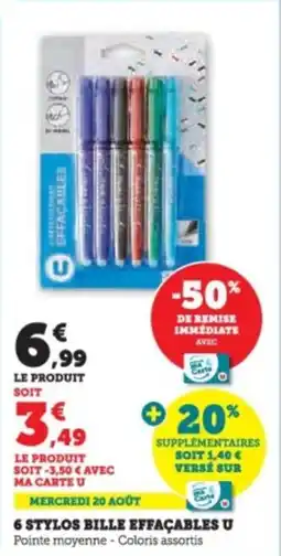 Super U 6 stylos bille effacables u offre