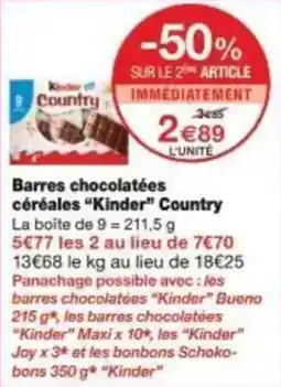 Monoprix Barres chocolatées céréales kinder country offre