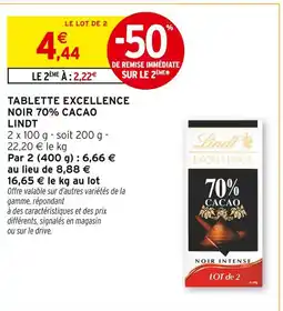 Intermarché Lindt Tablette excellence noir 70% cacao offre
