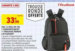 Intermarché L'ETUDIANT Sac à dos 45 cm 1 compartiment + trousse ronde offre