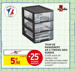 Intermarché SUNDIS Tour de rangement a5 3 tiroirs gris offre