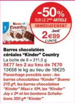 Monop' Barres chocolatées céréales kinder country offre