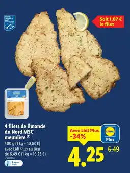 Lidl 4 filets de limande du Nord MSC meunière offre