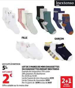 Auchan Lot de 3 paires de mini chaussettes ou chaussettes enfant inextenso offre