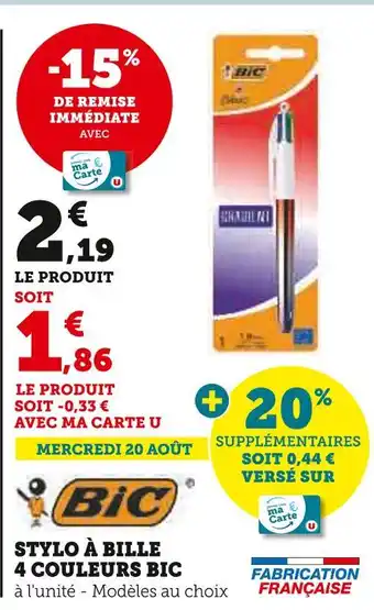 Super U BIC Stylo à bille 4 couleurs offre