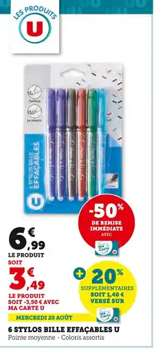 Super U U 6 stylos bille effaçables offre