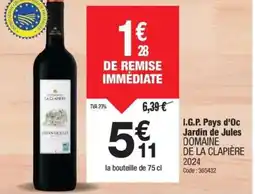 Promocash DOMAINE DE LA CLAPIÈRE 2024 I.G.P. Pays d'Oc Jardin de Jules offre