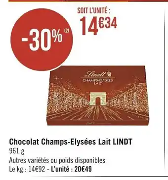 Casino Supermarchés Chocolat Champs-Elysées Lait Lindt offre