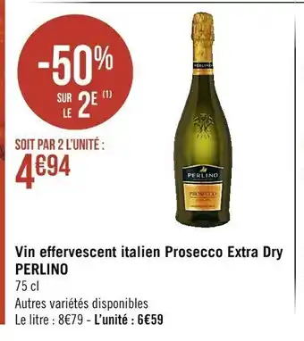 Casino Supermarchés Vin Effervescent Italien Prosecco Extra Dry Perlino offre