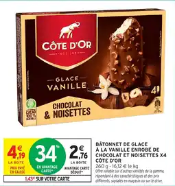Intermarché Bâtonnet de glace à la vanille enrobé de chocolat et noisettes x4 côte d'or offre