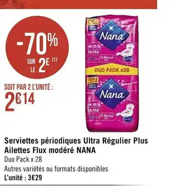 Casino Supermarchés Serviettes Périodiques Ultra Régulier Plus Ailettes Flux Modéré Nana offre