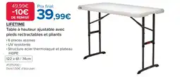 Costco Lifetime Table à hauteur ajustable avec pieds rectractables et pliants offre