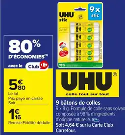 Carrefour UHU 9 bâtons de colles offre