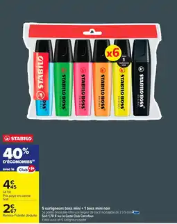 Carrefour STABILO 5 surligneurs boss mini + 1 boss mini noir offre