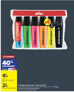 Carrefour STABILO 5 surligneurs boss mini + 1 boss mini noir offre
