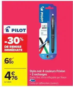 Carrefour Stylo noir 4 couleurs Frixion + 2 recharges offre