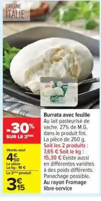 Carrefour Burrata avec feuille offre