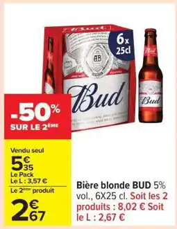 Carrefour Bière blonde BUD 5% vol., 6X25 cl offre