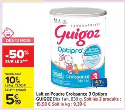 Carrefour Lait en Poudre Croissance 3 Optipro GUIGOZ offre