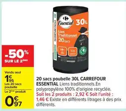 Carrefour 20 sacs poubelle 30L CARREFOUR ESSENTIAL offre