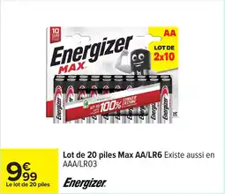 Carrefour Energizer Lot de 20 piles Max AA/LR6 offre