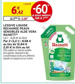 Intermarché RAINETT Lessive liquide recharge peaux sensibles aloe vera offre