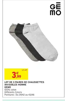 Intermarché Hyper Lot de 3 paires de chaussettes invisibles homme offre