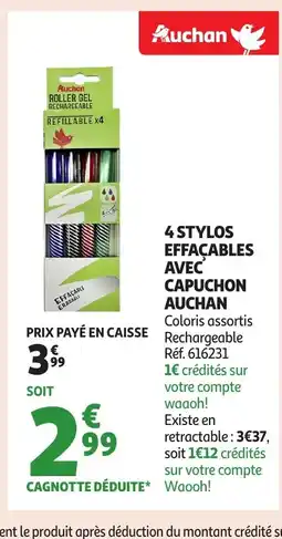 Auchan AUCHAN 4 stylos effacables avec capuchon offre