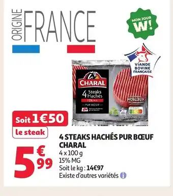 Auchan CHARAL 4 steaks hachés pur boeuf offre