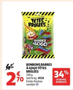 Auchan TÊTES BRÛLÉES Bonbons barres à gogo offre