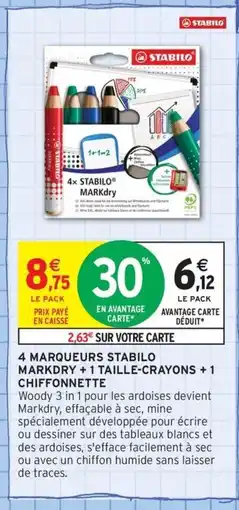 Intermarché Contact 4 Marqueurs stabilo markdry + 1 taille-crayons + 1 chiffonnette offre