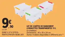 E.Leclerc Lot de 3 boîtes de rangement à roulettes transparentes 15 L offre