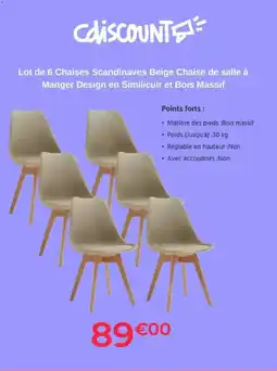 Cdiscount Lot de 6 chaises scandinaves beige chaise de salle à manger design en similicur et bois massif offre