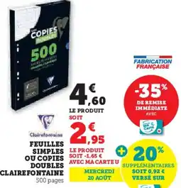 Hyper U Feuilles simples ou copies doubles clairefontaine offre
