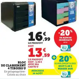 Hyper U Bloc de classement 4 tiroirs u offre