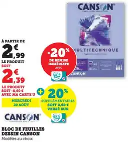 Hyper U Bloc de feuilles dessin canson offre
