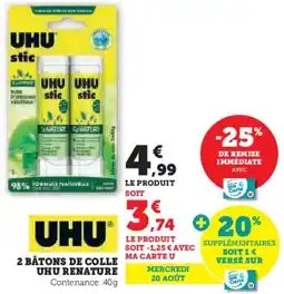 Hyper U 2 bâtons de colle uhu renature offre