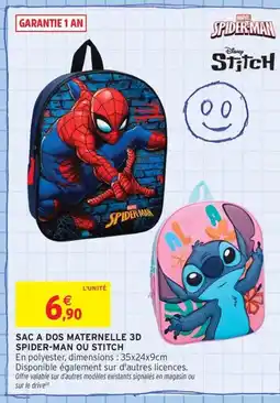 Intermarché Contact Sac a dos maternelle 3d spider-man ou stitch offre