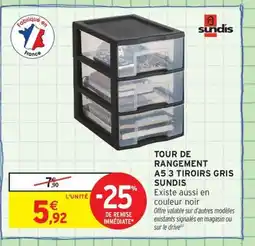 Intermarché Contact SUNDIS Tour de rangement a5 3 tiroirs gris offre