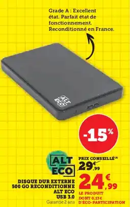 Hyper U Disque dur externe 500 go reconditionn1e alt eco usb 3.0 o offre