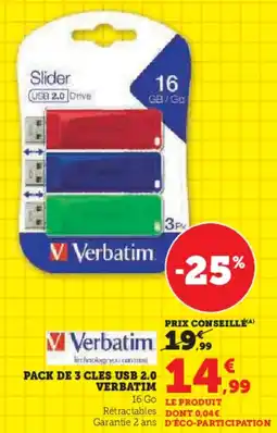 Hyper U Pack de 3 cles usb 2.0 verbatim offre