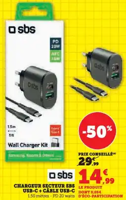 Hyper U Chargeur secteur sbs usb-c + cable usb-c offre