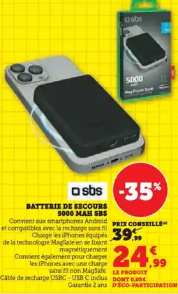 Hyper U Batterie de secours 5000 mah sbs offre