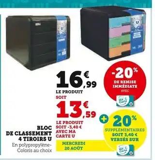 Hyper U U Bloc de classement 4 tiroirs offre