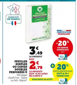 Hyper U U Feuilles simples ou copies doubles perforées offre