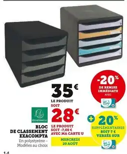 Hyper U Exacompta Bloc de classement offre