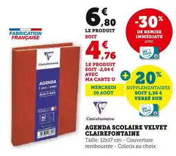 Hyper U Clairefontaine Agenda scolaire Velvet offre